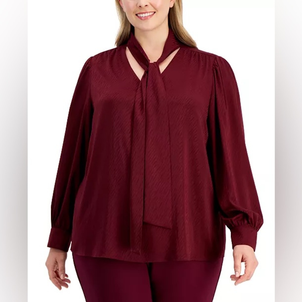 Anne Klein 3X‎ Burgundy Tie Neck Cold Shoulder Blouse Long Sleeve Top NWOT